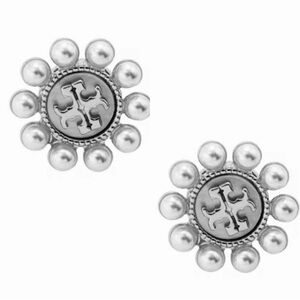 TORY BURCH SILVER LOGO PEARL EMBELLISHED STUD EARRINGS